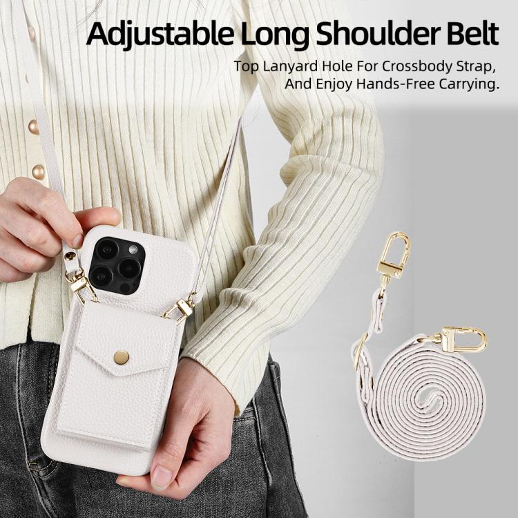 For iPhone 12 Pro Max Litchi Texture Vertical Card Bag Holder Phone Case with Long Lanyard(White) - iPhone 12 Pro Max Cases by buy2fix | Online Shopping UK | buy2fix