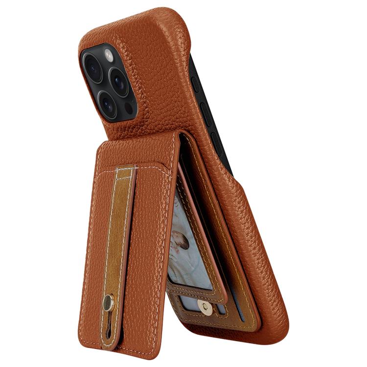 For iPhone 16 Pro Litchi Texture Leather Ring Card Bag Holder Phone Case(Brown) - iPhone 16 Pro Cases by buy2fix | Online Shopping UK | buy2fix