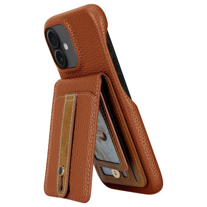 For iPhone 16 Plus Litchi Texture Leather Ring Card Bag Holder Phone Case(Brown) - iPhone 16 Plus Cases by buy2fix | Online Shopping UK | buy2fix