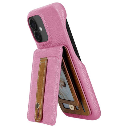 For iPhone 16 Plus Litchi Texture Leather Ring Card Bag Holder Phone Case(Pink) - iPhone 16 Plus Cases by buy2fix | Online Shopping UK | buy2fix