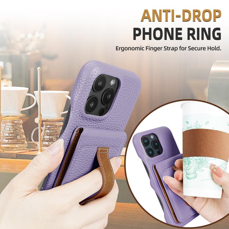 For iPhone 16 Litchi Texture Leather Ring Card Bag Holder Phone Case(Purple) - iPhone 16 Cases by buy2fix | Online Shopping UK | buy2fix