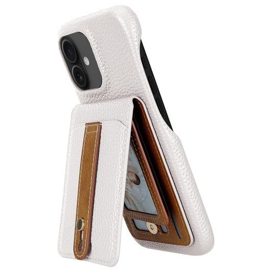 For iPhone 16 Litchi Texture Leather Ring Card Bag Holder Phone Case(White) - iPhone 16 Cases by buy2fix | Online Shopping UK | buy2fix