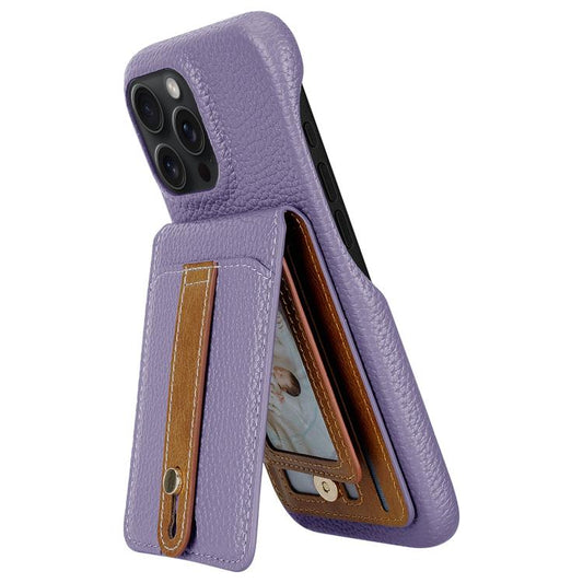 For iPhone 15 Pro Litchi Texture Leather Ring Card Bag Holder Phone Case(Purple) - iPhone 15 Pro Cases by buy2fix | Online Shopping UK | buy2fix