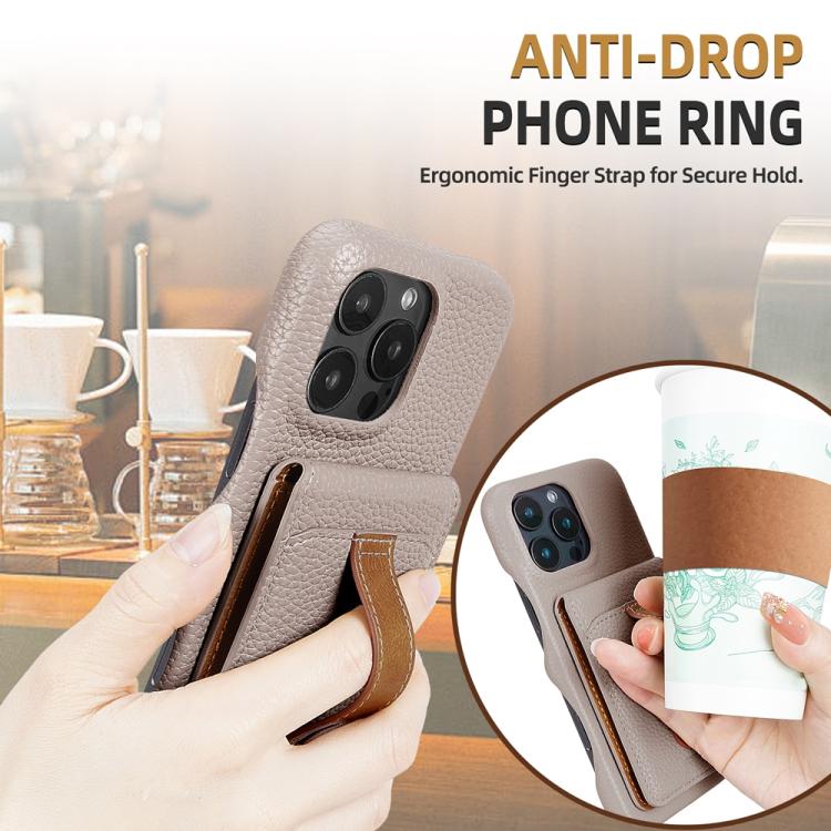 For iPhone 15 Plus Litchi Texture Leather Ring Card Bag Holder Phone Case(Grey) - iPhone 15 Plus Cases by buy2fix | Online Shopping UK | buy2fix