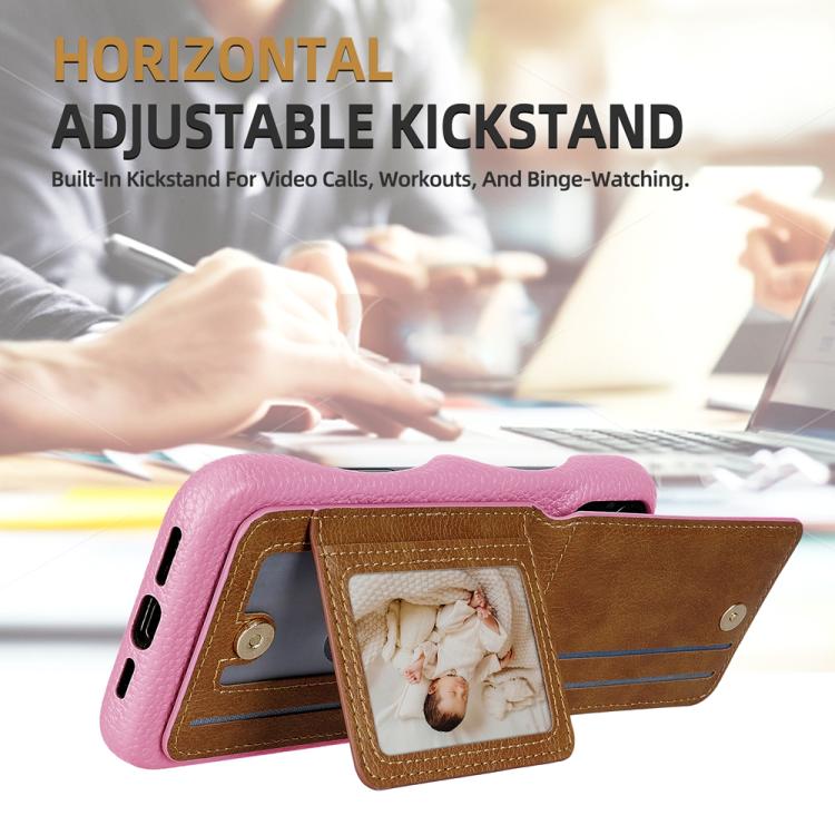 For iPhone 15 Plus Litchi Texture Leather Ring Card Bag Holder Phone Case(Pink) - iPhone 15 Plus Cases by buy2fix | Online Shopping UK | buy2fix