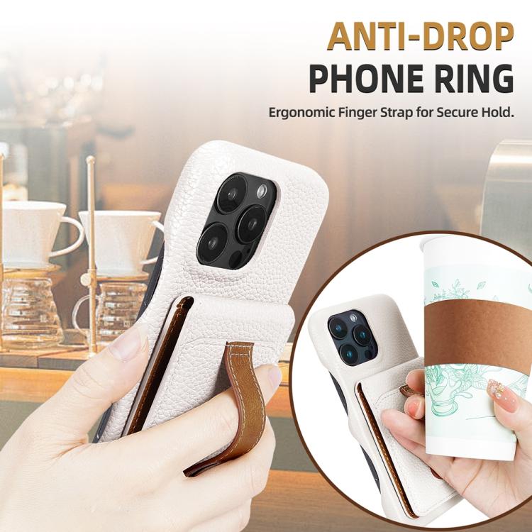 For iPhone 15 Plus Litchi Texture Leather Ring Card Bag Holder Phone Case(White) - iPhone 15 Plus Cases by buy2fix | Online Shopping UK | buy2fix