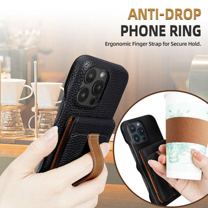 For iPhone 15 Litchi Texture Leather Ring Card Bag Holder Phone Case(Black) - iPhone 15 Cases by buy2fix | Online Shopping UK | buy2fix