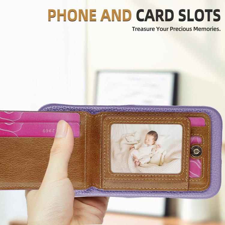 For iPhone 14 Plus Litchi Texture Leather Ring Card Bag Holder Phone Case(Purple) - iPhone 14 Plus Cases by buy2fix | Online Shopping UK | buy2fix