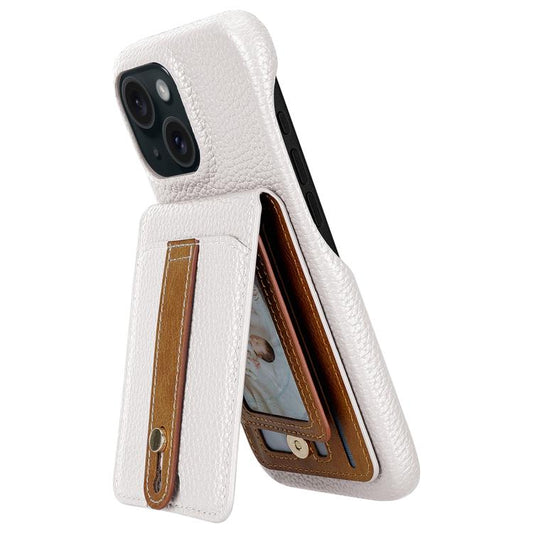 For iPhone 14 Plus Litchi Texture Leather Ring Card Bag Holder Phone Case(White) - iPhone 14 Plus Cases by buy2fix | Online Shopping UK | buy2fix