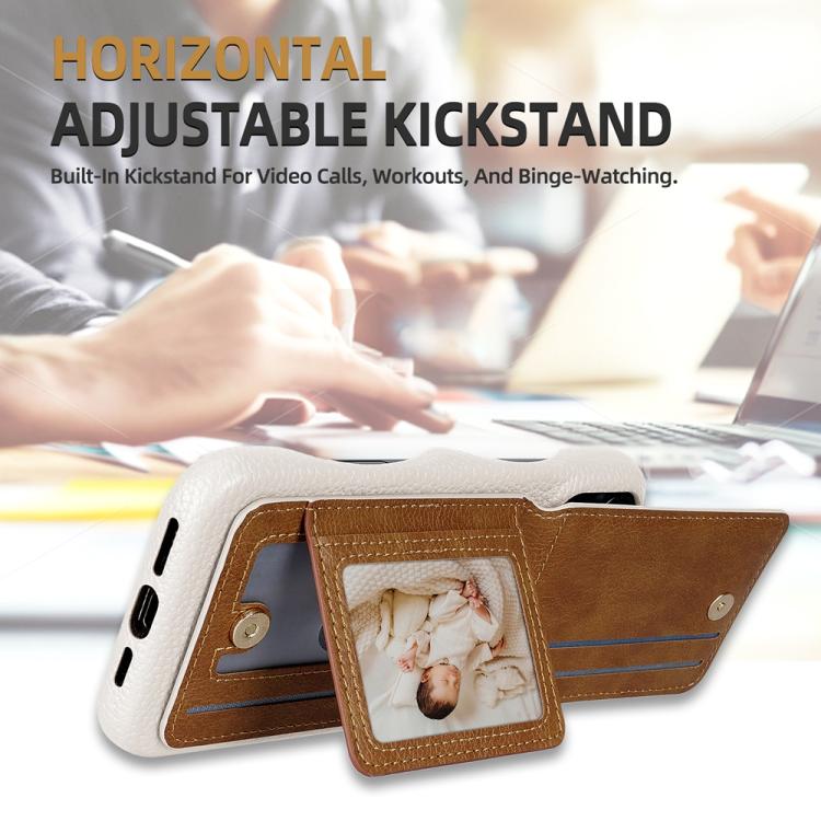 For iPhone 14 Plus Litchi Texture Leather Ring Card Bag Holder Phone Case(White) - iPhone 14 Plus Cases by buy2fix | Online Shopping UK | buy2fix