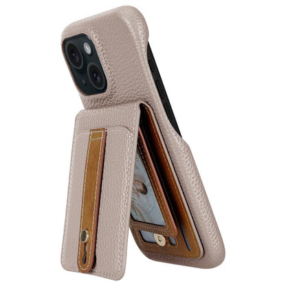 For iPhone 14 / 13 Litchi Texture Leather Ring Card Bag Holder Phone Case(Grey) - iPhone 14 Cases by buy2fix | Online Shopping UK | buy2fix