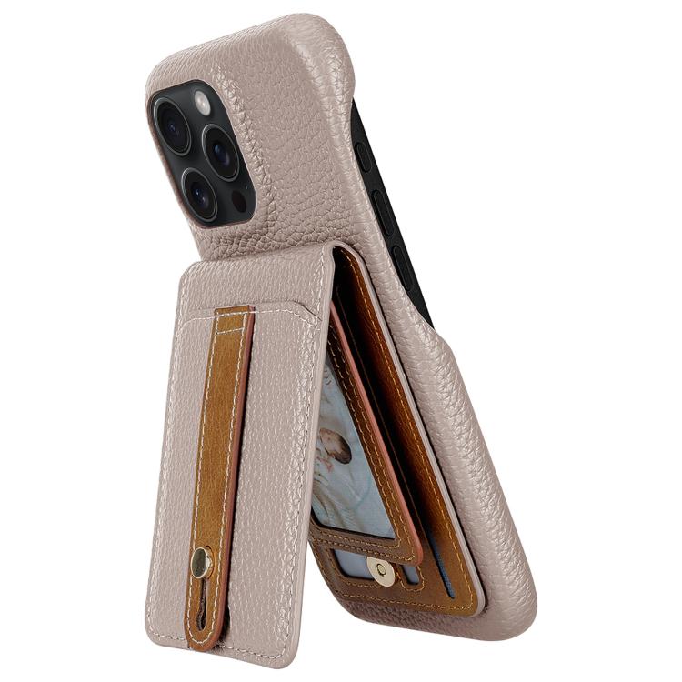 For iPhone 14 Pro Litchi Texture Leather Ring Card Bag Holder Phone Case(Grey) - iPhone 14 Pro Cases by buy2fix | Online Shopping UK | buy2fix