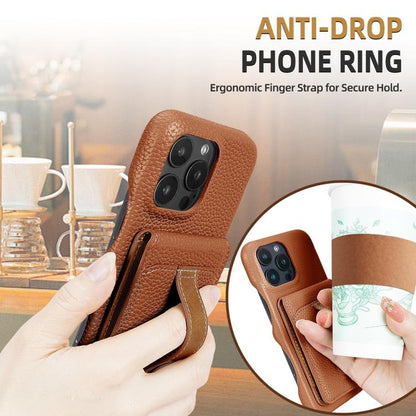 For iPhone 14 Pro Max Litchi Texture Leather Ring Card Bag Holder Phone Case(Brown) - iPhone 14 Pro Max Cases by buy2fix | Online Shopping UK | buy2fix