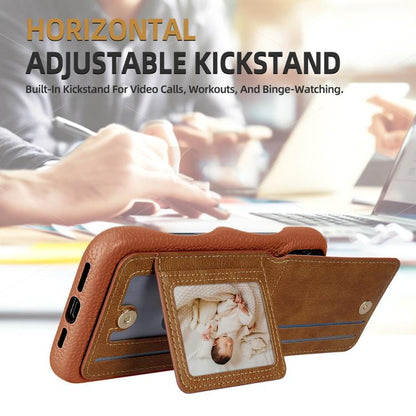 For iPhone 14 Pro Max Litchi Texture Leather Ring Card Bag Holder Phone Case(Brown) - iPhone 14 Pro Max Cases by buy2fix | Online Shopping UK | buy2fix