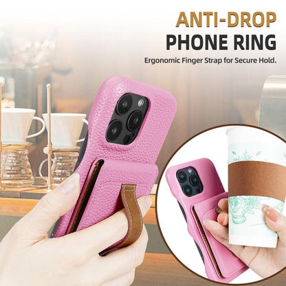 For iPhone 14 Pro Max Litchi Texture Leather Ring Card Bag Holder Phone Case(Pink) - iPhone 14 Pro Max Cases by buy2fix | Online Shopping UK | buy2fix