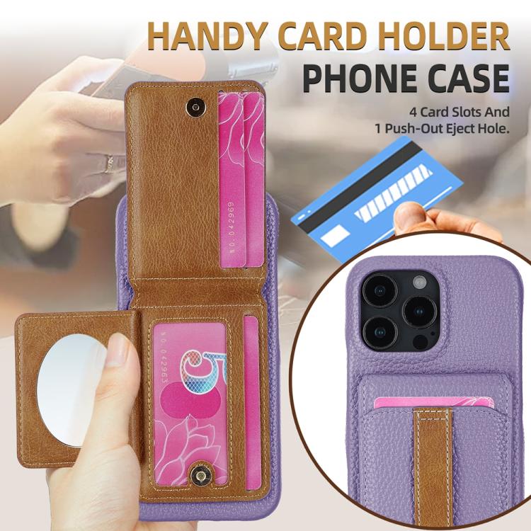 For iPhone 13 Pro Max Litchi Texture Leather Ring Card Bag Holder Phone Case(Purple) - iPhone 13 Pro Max Cases by buy2fix | Online Shopping UK | buy2fix
