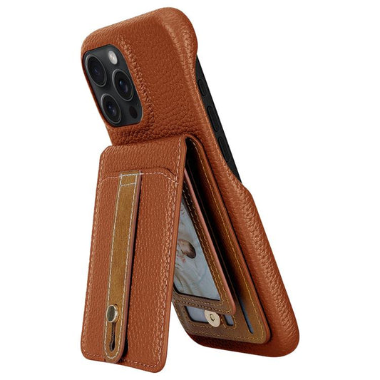 For iPhone 13 Pro Litchi Texture Leather Ring Card Bag Holder Phone Case(Brown) - iPhone 13 Pro Cases by buy2fix | Online Shopping UK | buy2fix
