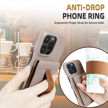 For iPhone 13 Pro Litchi Texture Leather Ring Card Bag Holder Phone Case(Grey) - iPhone 13 Pro Cases by buy2fix | Online Shopping UK | buy2fix