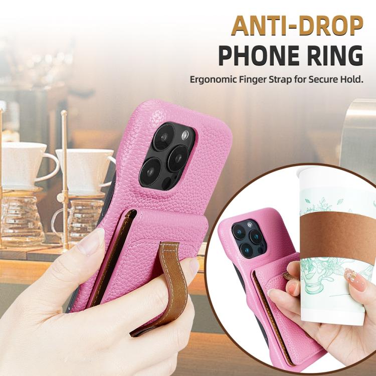 For iPhone 13 Pro Litchi Texture Leather Ring Card Bag Holder Phone Case(Pink) - iPhone 13 Pro Cases by buy2fix | Online Shopping UK | buy2fix