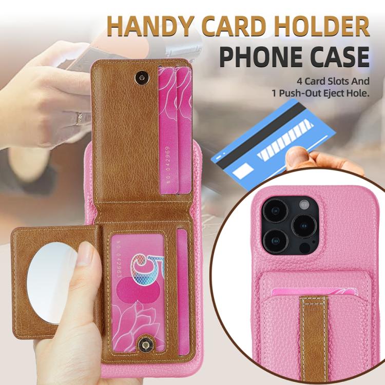 For iPhone 13 Pro Litchi Texture Leather Ring Card Bag Holder Phone Case(Pink) - iPhone 13 Pro Cases by buy2fix | Online Shopping UK | buy2fix