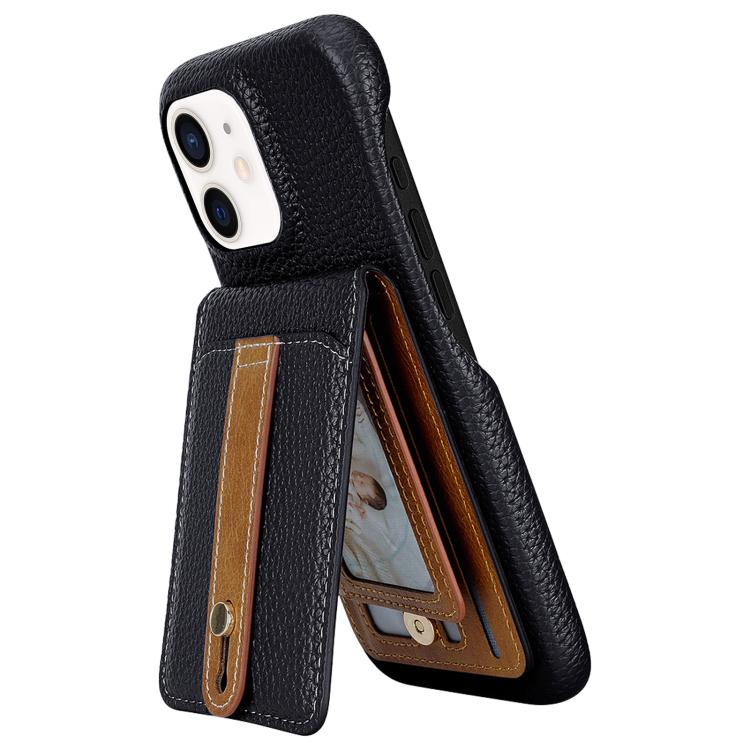 For iPhone 12 / 12 Pro Litchi Texture Leather Ring Card Bag Holder Phone Case(Black) - iPhone 12 / 12 Pro Cases by buy2fix | Online Shopping UK | buy2fix