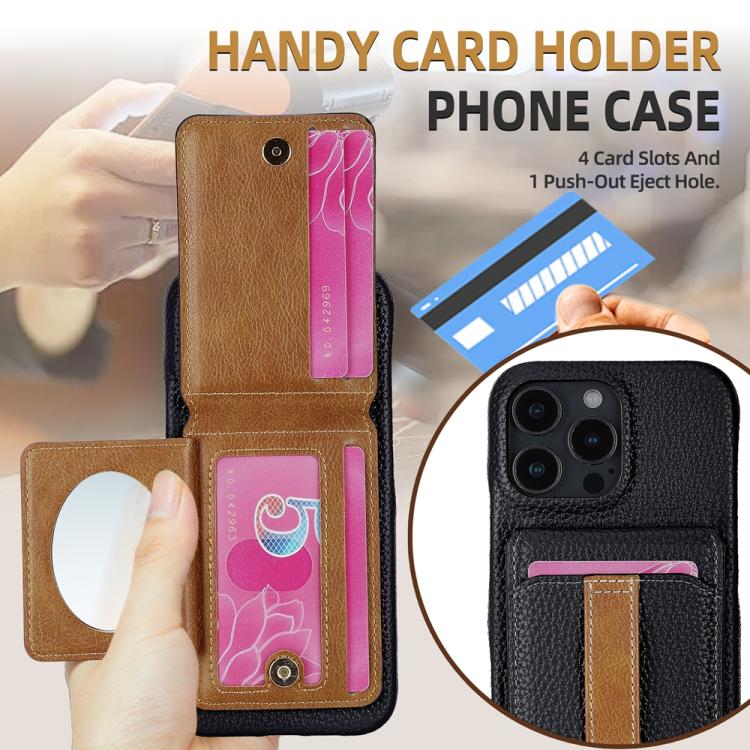 For iPhone 12 / 12 Pro Litchi Texture Leather Ring Card Bag Holder Phone Case(Black) - iPhone 12 / 12 Pro Cases by buy2fix | Online Shopping UK | buy2fix