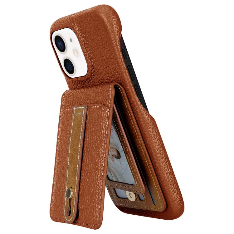 For iPhone 12 / 12 Pro Litchi Texture Leather Ring Card Bag Holder Phone Case(Brown) - iPhone 12 / 12 Pro Cases by buy2fix | Online Shopping UK | buy2fix