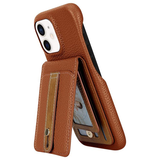 For iPhone 12 / 12 Pro Litchi Texture Leather Ring Card Bag Holder Phone Case(Brown) - iPhone 12 / 12 Pro Cases by buy2fix | Online Shopping UK | buy2fix