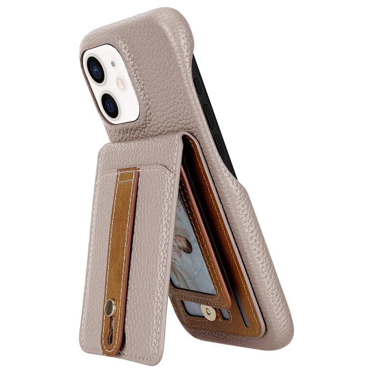 For iPhone 12 / 12 Pro Litchi Texture Leather Ring Card Bag Holder Phone Case(Grey) - iPhone 12 / 12 Pro Cases by buy2fix | Online Shopping UK | buy2fix