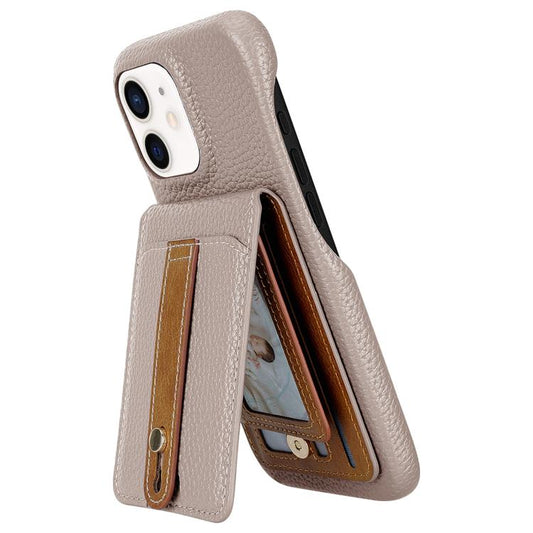 For iPhone 12 / 12 Pro Litchi Texture Leather Ring Card Bag Holder Phone Case(Grey) - iPhone 12 / 12 Pro Cases by buy2fix | Online Shopping UK | buy2fix