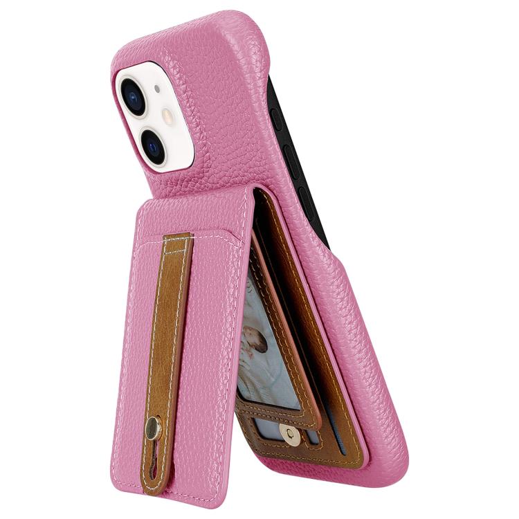 For iPhone 12 / 12 Pro Litchi Texture Leather Ring Card Bag Holder Phone Case(Pink) - iPhone 12 / 12 Pro Cases by buy2fix | Online Shopping UK | buy2fix
