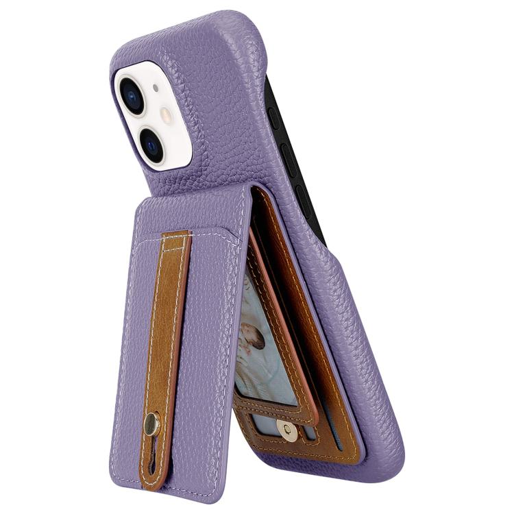For iPhone 12 / 12 Pro Litchi Texture Leather Ring Card Bag Holder Phone Case(Purple) - iPhone 12 / 12 Pro Cases by buy2fix | Online Shopping UK | buy2fix