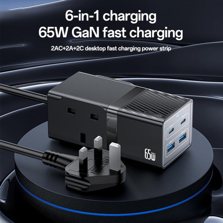Yesido MC38 65W 6 In 1 Dual Type-C and Dual USB-A with 2 Socket GaN Fast Charging Power Socket, UK Plug(Black) - Multifunction Charger by Yesido | Online Shopping UK | buy2fix
