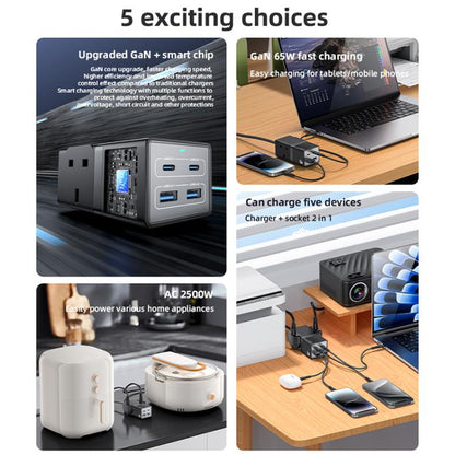 Yesido MC38 65W 6 In 1 Dual Type-C and Dual USB-A with 2 Socket GaN Fast Charging Power Socket, UK Plug(Black) - Multifunction Charger by Yesido | Online Shopping UK | buy2fix