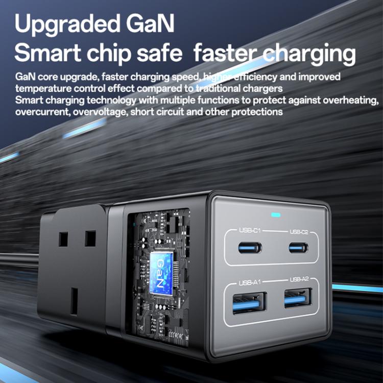 Yesido MC38 65W 6 In 1 Dual Type-C and Dual USB-A with 2 Socket GaN Fast Charging Power Socket, UK Plug(Black) - Multifunction Charger by Yesido | Online Shopping UK | buy2fix