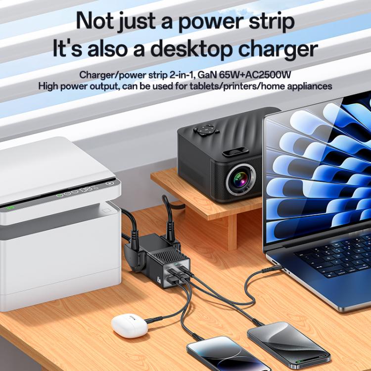 Yesido MC38 65W 6 In 1 Dual Type-C and Dual USB-A with 2 Socket GaN Fast Charging Power Socket, UK Plug(Black) - Multifunction Charger by Yesido | Online Shopping UK | buy2fix