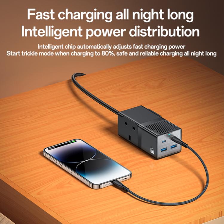 Yesido MC38 65W 6 In 1 Dual Type-C and Dual USB-A with 2 Socket GaN Fast Charging Power Socket, UK Plug(Black) - Multifunction Charger by Yesido | Online Shopping UK | buy2fix