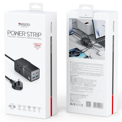Yesido MC38 65W 6 In 1 Dual Type-C and Dual USB-A with 2 Socket GaN Fast Charging Power Socket, UK Plug(Black) - Multifunction Charger by Yesido | Online Shopping UK | buy2fix