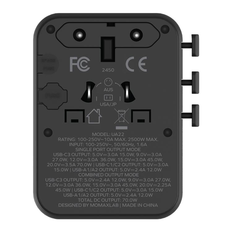 MOMAX UA22 1-World2 70W Dual AC Mini GaN Global Travel Fast Charging Socket(Black) - Plug Adaptor by MOMAX | Online Shopping UK | buy2fix