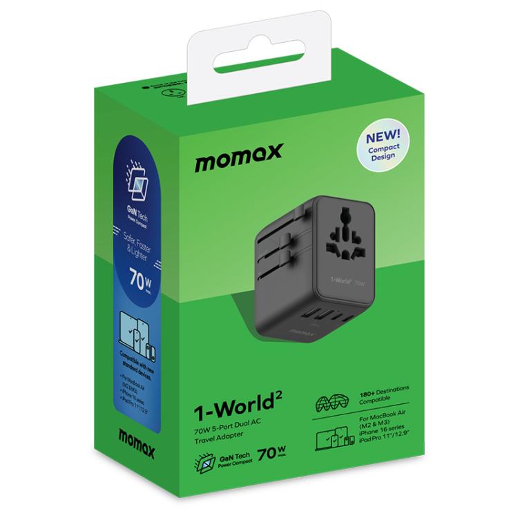 MOMAX UA22 1-World2 70W Dual AC Mini GaN Global Travel Fast Charging Socket(Black) - Plug Adaptor by MOMAX | Online Shopping UK | buy2fix