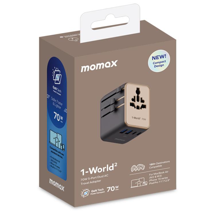 MOMAX UA22 1-World2 70W Dual AC Mini GaN Global Travel Fast Charging Socket(Desert Gold) - Plug Adaptor by MOMAX | Online Shopping UK | buy2fix