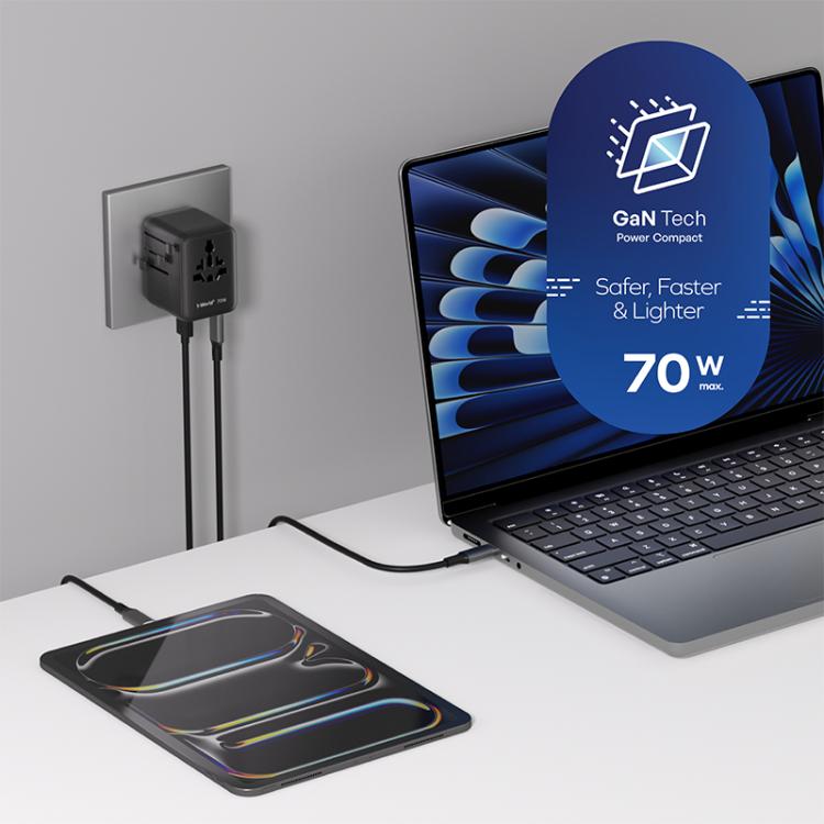 MOMAX UA22 1-World2 70W Dual AC Mini GaN Global Travel Fast Charging Socket(Black) - Plug Adaptor by MOMAX | Online Shopping UK | buy2fix