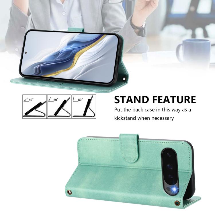 For Google Pixel 10 / 10 Pro / Pixel 9 / 9 Pro Line Splicing Buckle Retro Leather Phone Case(Mint Green) - Google Cases by buy2fix | Online Shopping UK | buy2fix