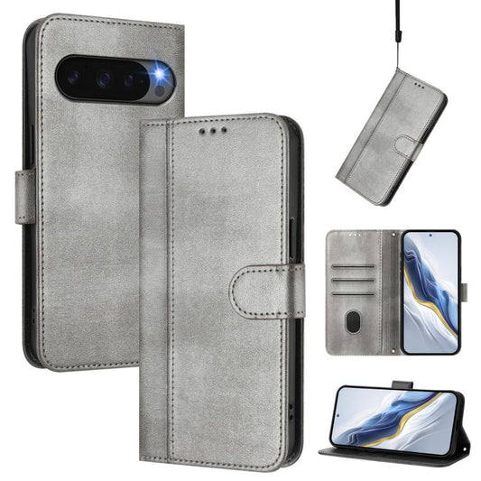 For Google Pixel 10 / 10 Pro / Pixel 9 / 9 Pro Line Splicing Buckle Retro Leather Phone Case(Grey) - Google Cases by buy2fix | Online Shopping UK | buy2fix