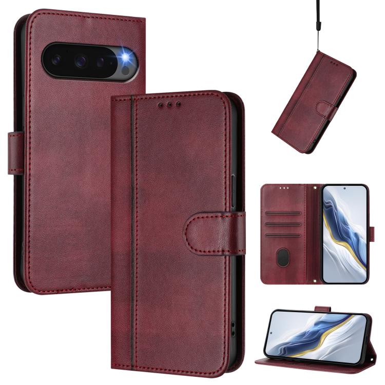 For Google Pixel 10 / 10 Pro / Pixel 9 / 9 Pro Line Splicing Buckle Retro Leather Phone Case(Wine Red) - Google Cases by buy2fix | Online Shopping UK | buy2fix