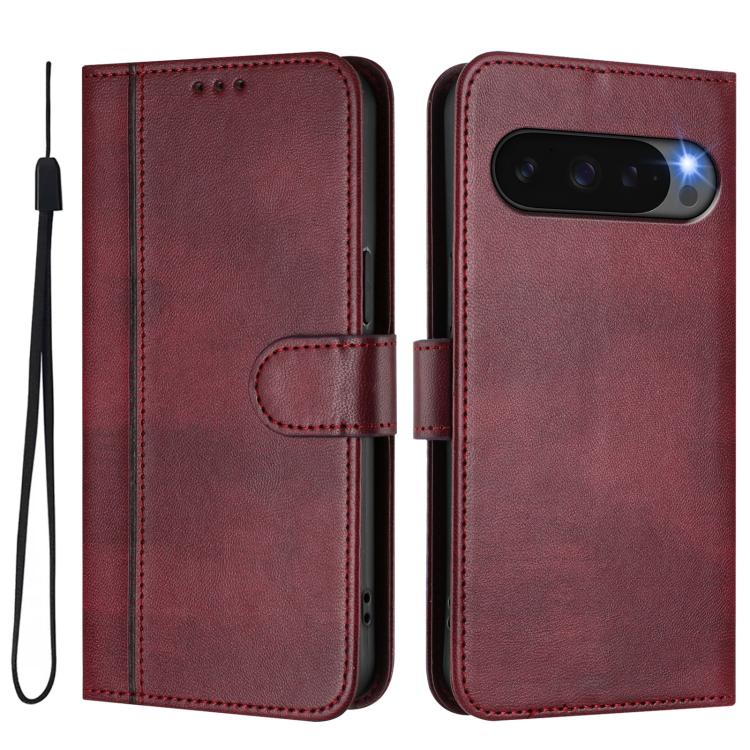 For Google Pixel 10 / 10 Pro / Pixel 9 / 9 Pro Line Splicing Buckle Retro Leather Phone Case(Wine Red) - Google Cases by buy2fix | Online Shopping UK | buy2fix