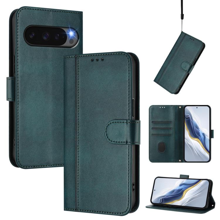 For Google Pixel 10 / 10 Pro / Pixel 9 / 9 Pro Line Splicing Buckle Retro Leather Phone Case(Dark Green) - Google Cases by buy2fix | Online Shopping UK | buy2fix