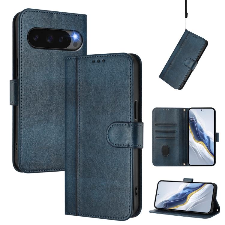 For Google Pixel 10 / 10 Pro / Pixel 9 / 9 Pro Line Splicing Buckle Retro Leather Phone Case(Dark Blue) - Google Cases by buy2fix | Online Shopping UK | buy2fix