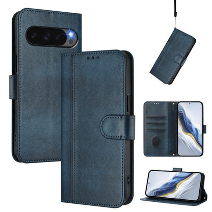 For Google Pixel 10 / 10 Pro / Pixel 9 / 9 Pro Line Splicing Buckle Retro Leather Phone Case(Dark Blue) - Google Cases by buy2fix | Online Shopping UK | buy2fix