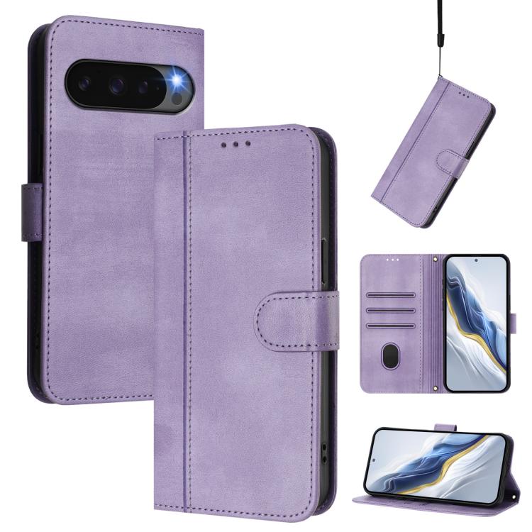 For Google Pixel 10 / 10 Pro / Pixel 9 / 9 Pro Line Splicing Buckle Retro Leather Phone Case(Purple) - Google Cases by buy2fix | Online Shopping UK | buy2fix